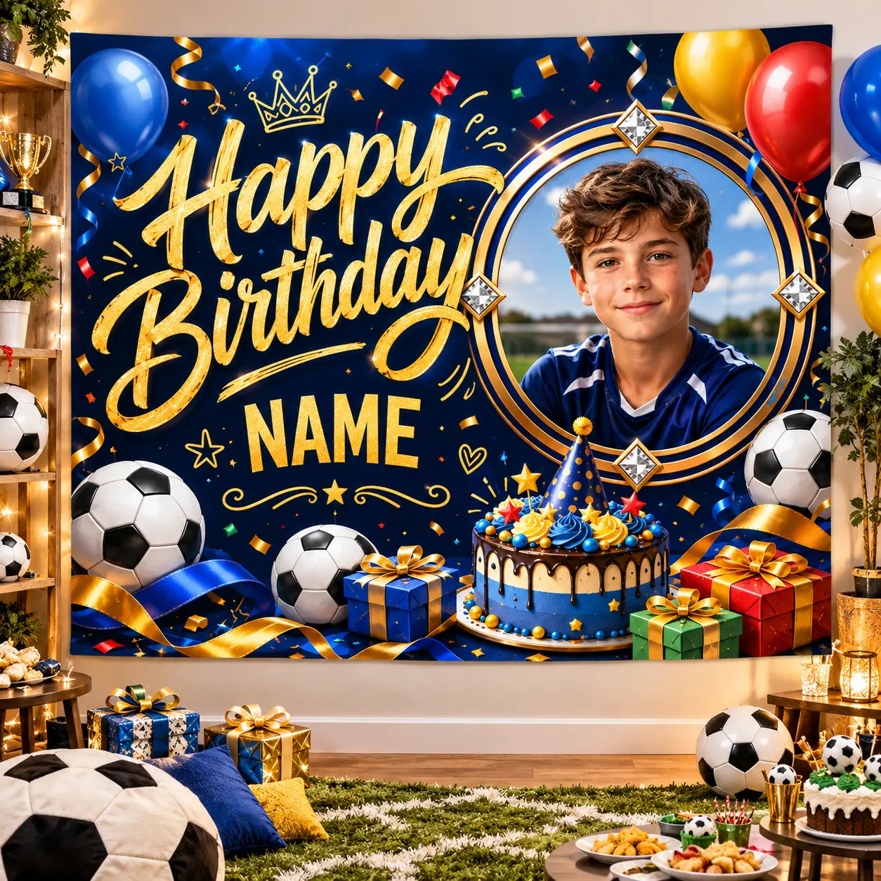 Custom Photo & Name Navy Gold Soccer Birthday Backdrop, Soccer Balls, Crown, Cake, Balloons and Party Gifts