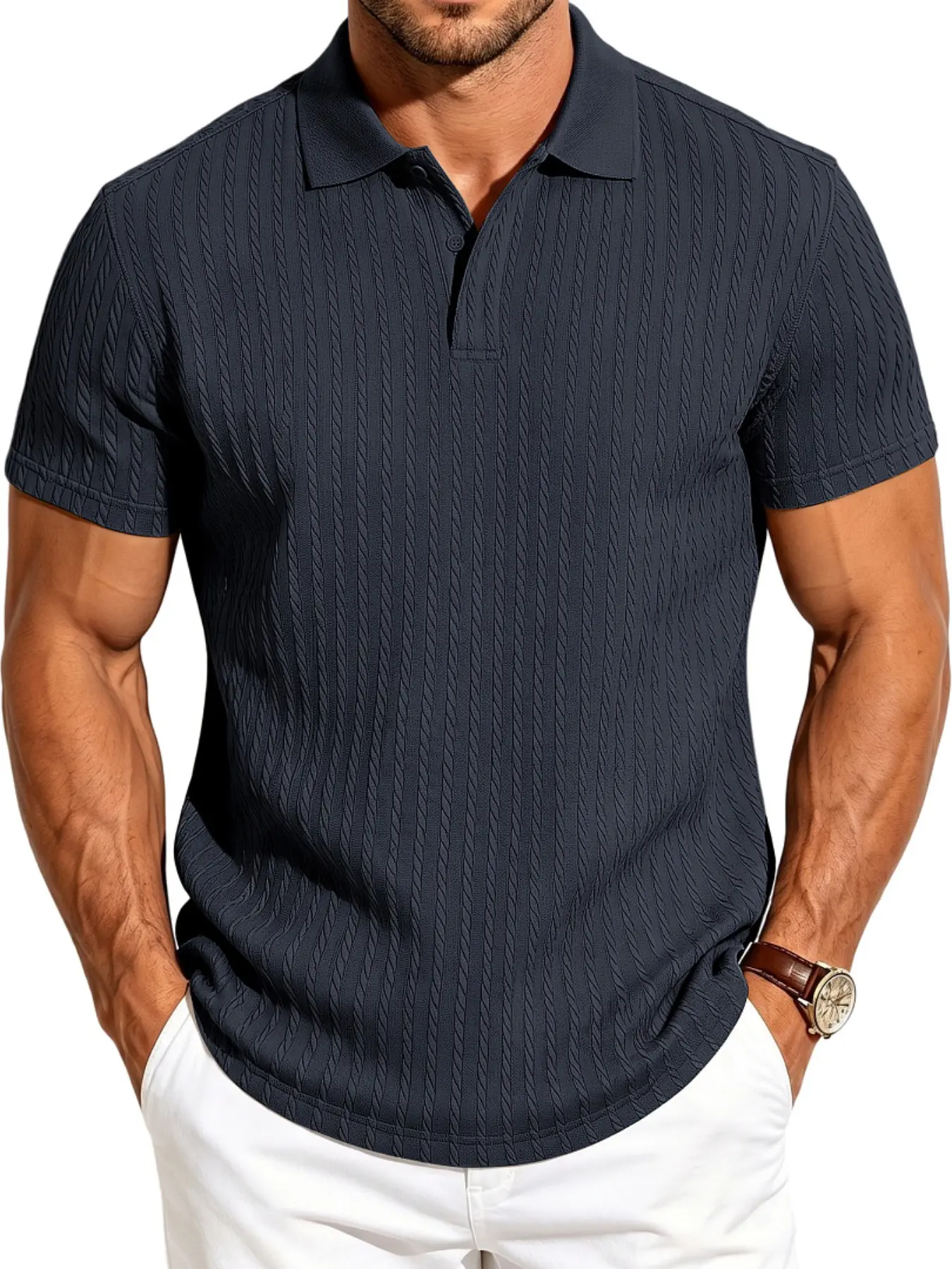 Men's Summer Jacquard Polo Shirt Top, Slim Fit Breathable Collared Short Sleeve, Mature Golf Style Versatile Solid Casual Menswear for Commute & Business, Multiple Colors & Sizes Available