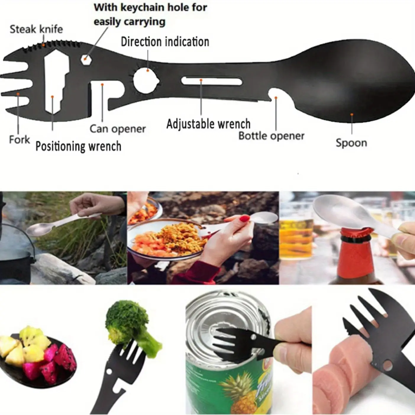 Qishing Multifunctional Outdoor Fork Spoon Detachable Tableware, 10-in-1 Utility Spork, Stainless Steel Spoon & Bottle Opener, Fork & Knife, Combo Camping Utensil for Hiking