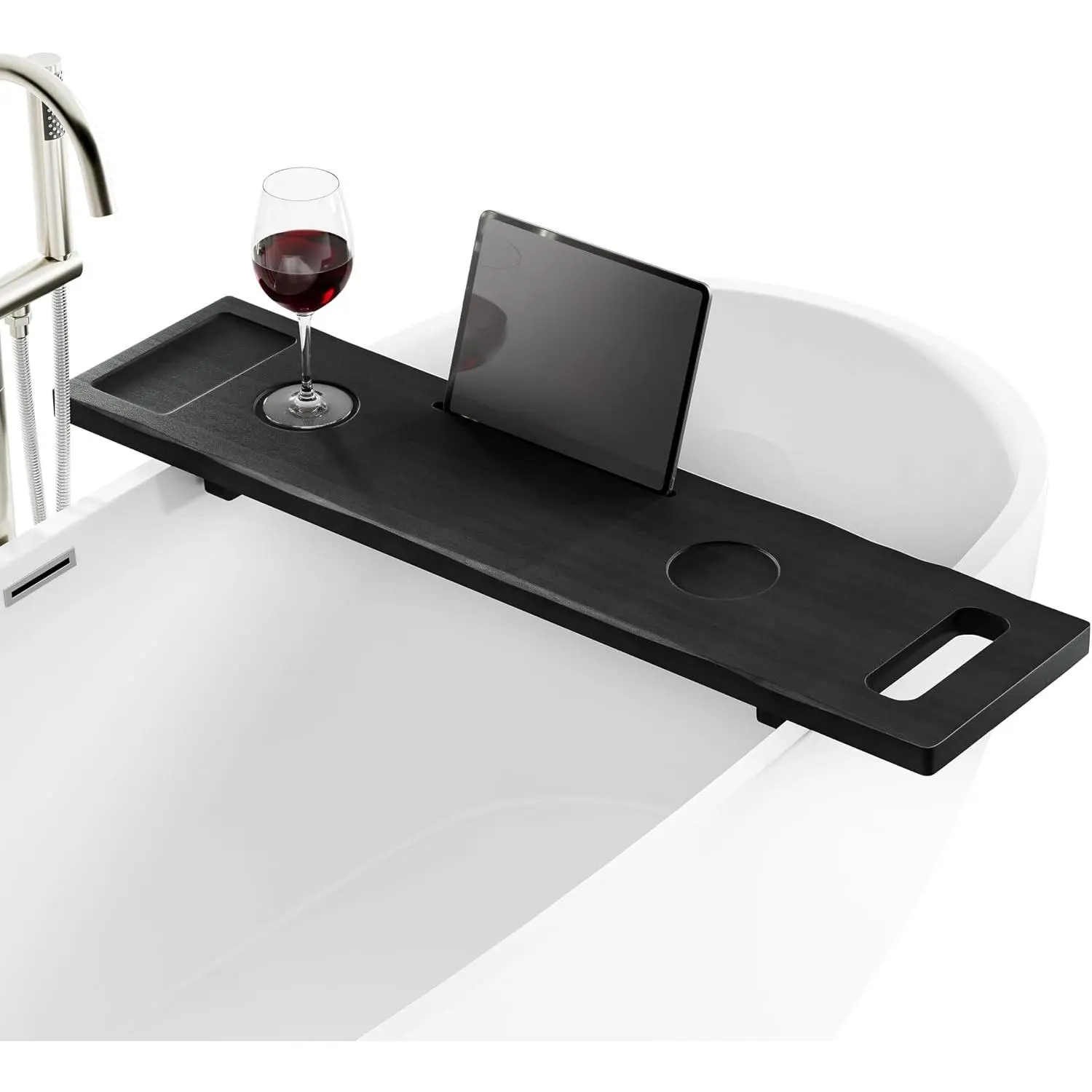 39" Black Wooden Bathtub Caddy Tray with Phone/Tablet Holder, Bathroom Accessory