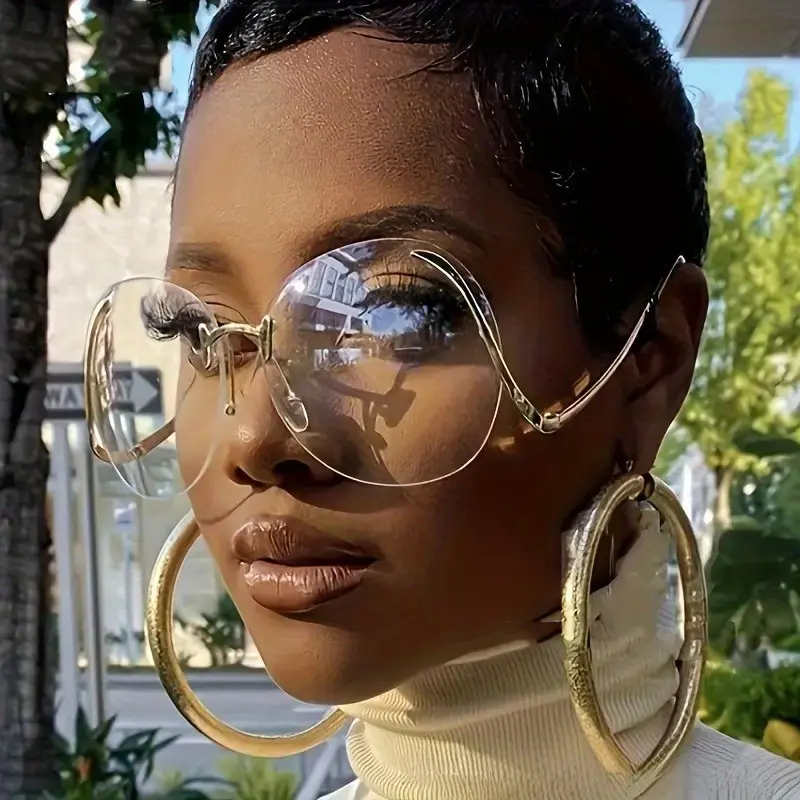 Frameless large frame circular glasses, retro gold framed sunglasses