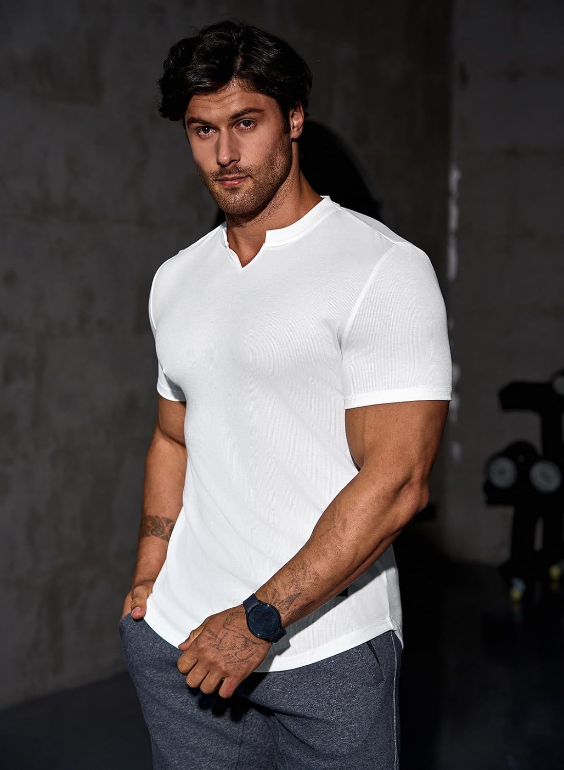 Mens Muscle Slim T Shirts Texture V Neck Longline Henley Gym Workout Athletic Tee Shirt