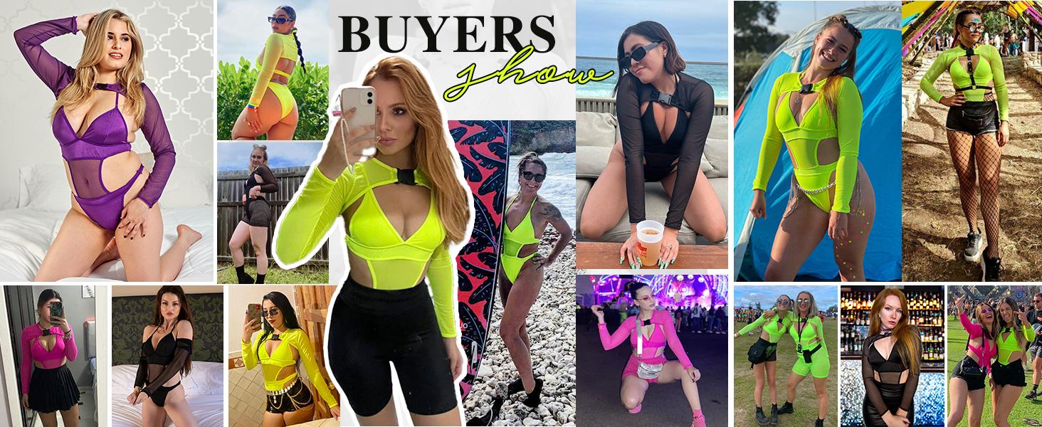 Rave Outfits for Women Festival Sexy Lingerie Bodysuit Buckle Shrug Crop Top Set