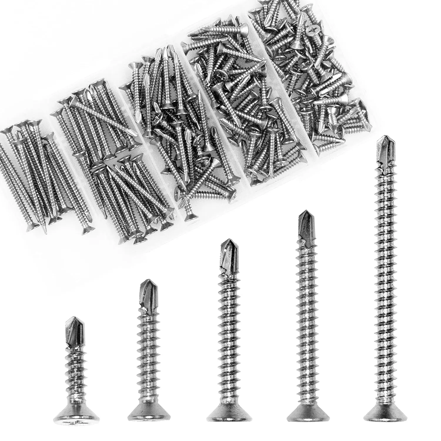 410 Stainless Steel Self Drilling Drywall Screws  Kit(150pcs) | Self Tapping Sheet Metal Nails Suit for Woodworking and Metal in 5 Sizes (3/4,1 in,1-1/4,1-1/2,2in)