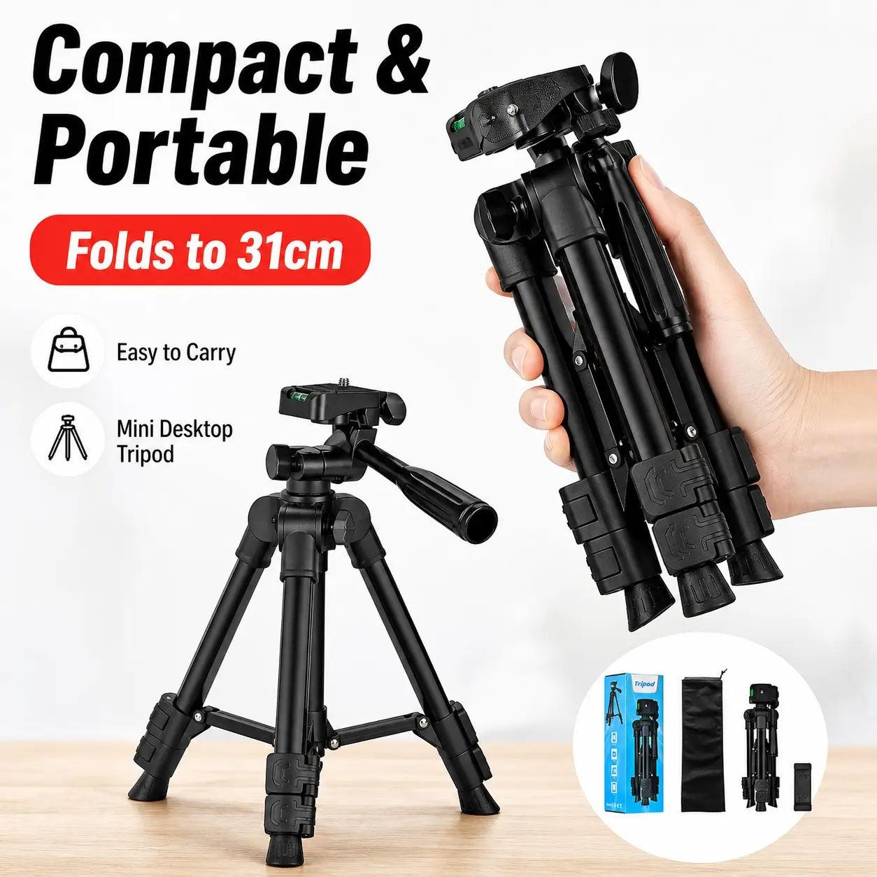 F-10t Mini Tripod Stand with 1/4 Screw Mount, Portable Desktop Phone Camera Holder, Ideal for Vlog, Live Streaming, Video Recording & Photography