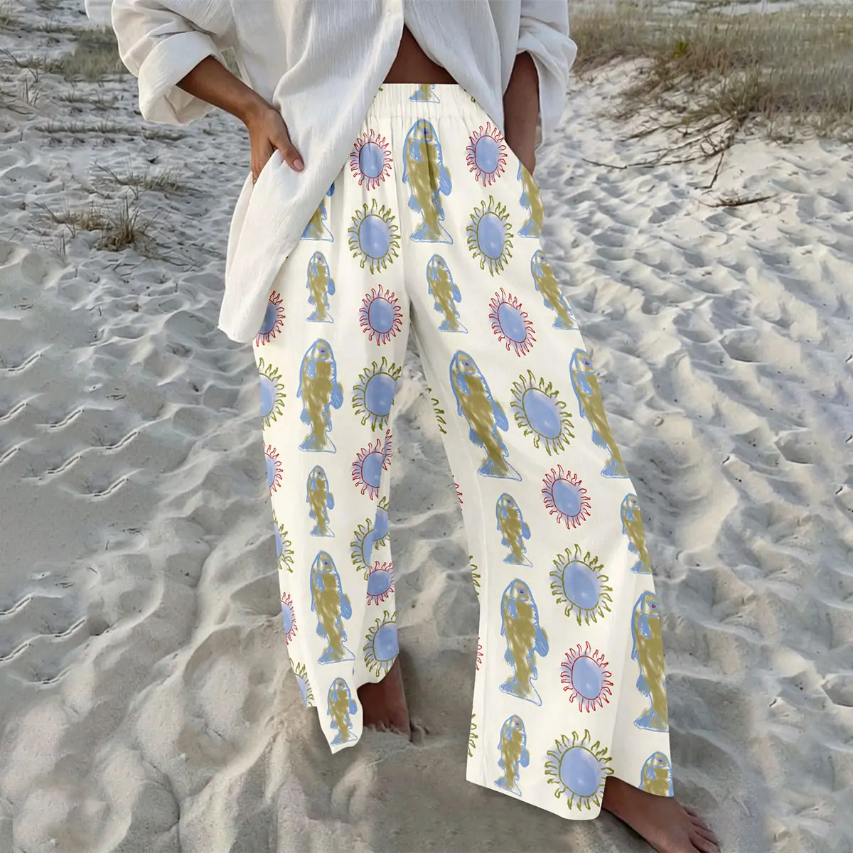Women's Clownfish Print Pants, Flowy Wide-Leg Trousers with Pockets, Elastic Waist Summer Bottoms for Vacation & Outdoors, Bottom, Piece, Casual, 1 Pair, Coffee Shop Visits