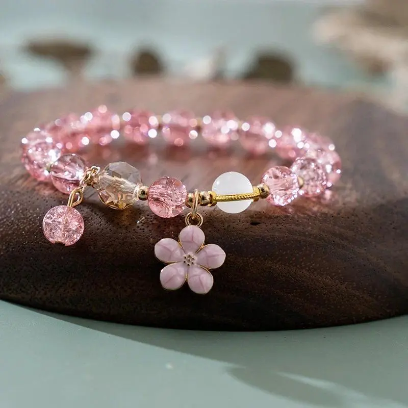 Floral Beaded Bracelet with Lucky Crystal Peach and Cherry Blossom Charms, Elastic Jewelry for Women Girls, Youth, Adults, Bangle, Female, Beaded Charm, Elastic Bangle