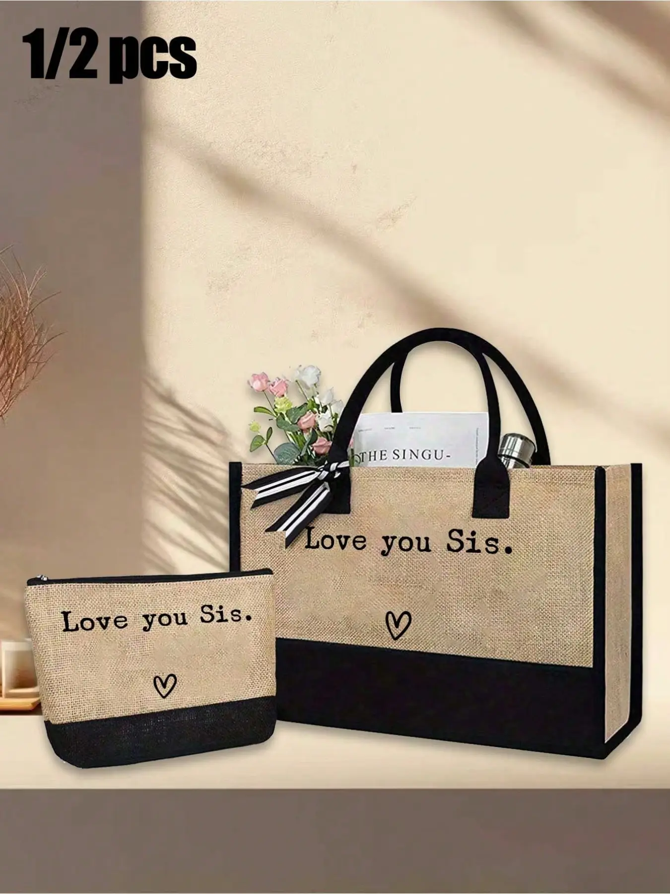 Handbag with 'love You, Sister' Design, Large Capacity Dual-Tone Tote, Perfect Gift for Sisters, Women, Teachers, Friends