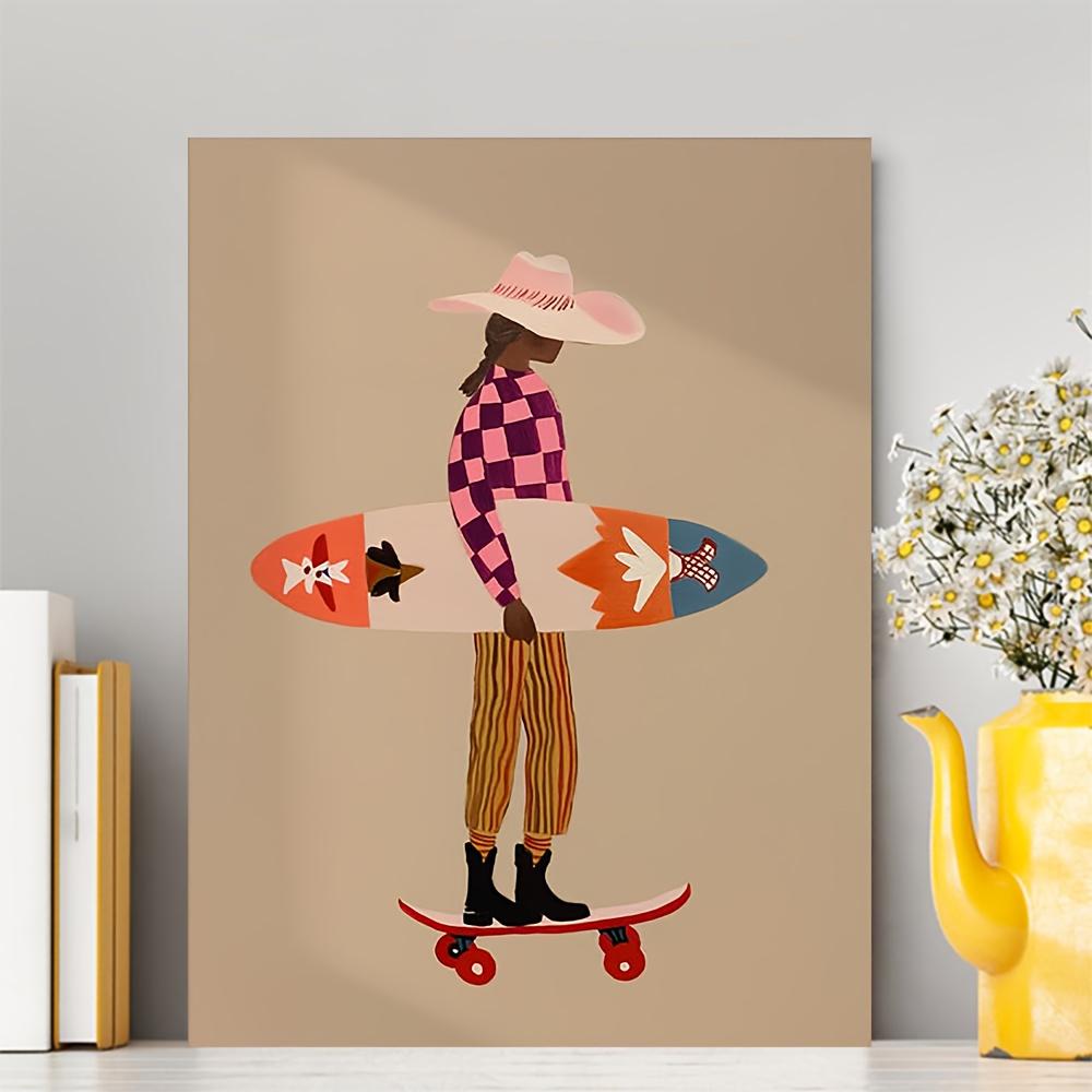 [1pcs] Framed Canvas Painting, Pink Surfer Print Skateboard Beach Art Checkered Pattern Modern Coastal Decor Folk Art Wall Art , 2D Flat, Perfect for Room Decor