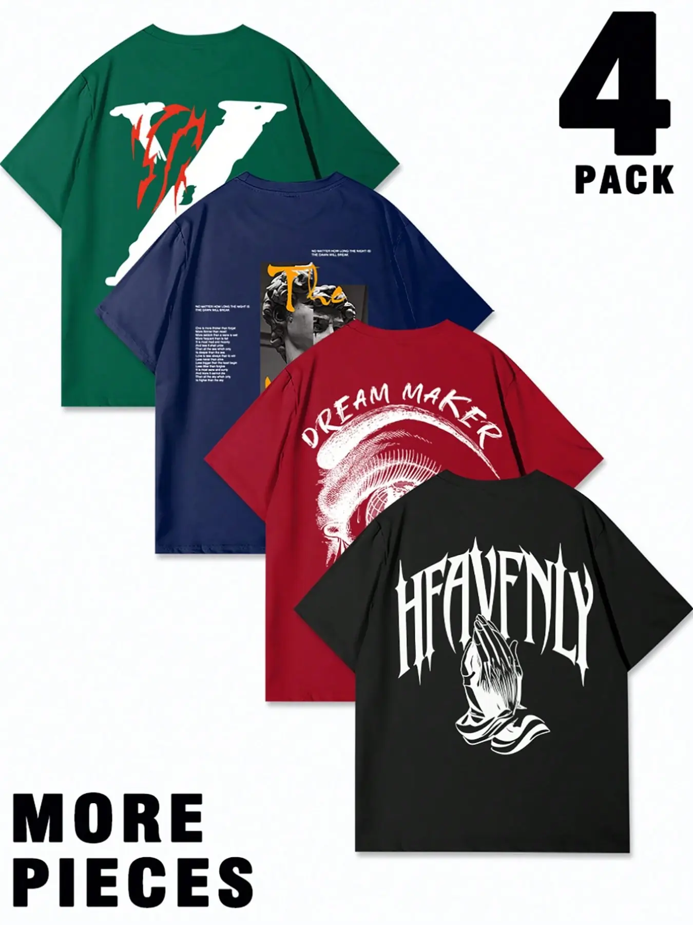 4-Pack American Street Hip-Hop Men's Round Neck Short Sleeve T-Shirts, Trendy Prints, Breathable Fabric, Versatile Wear