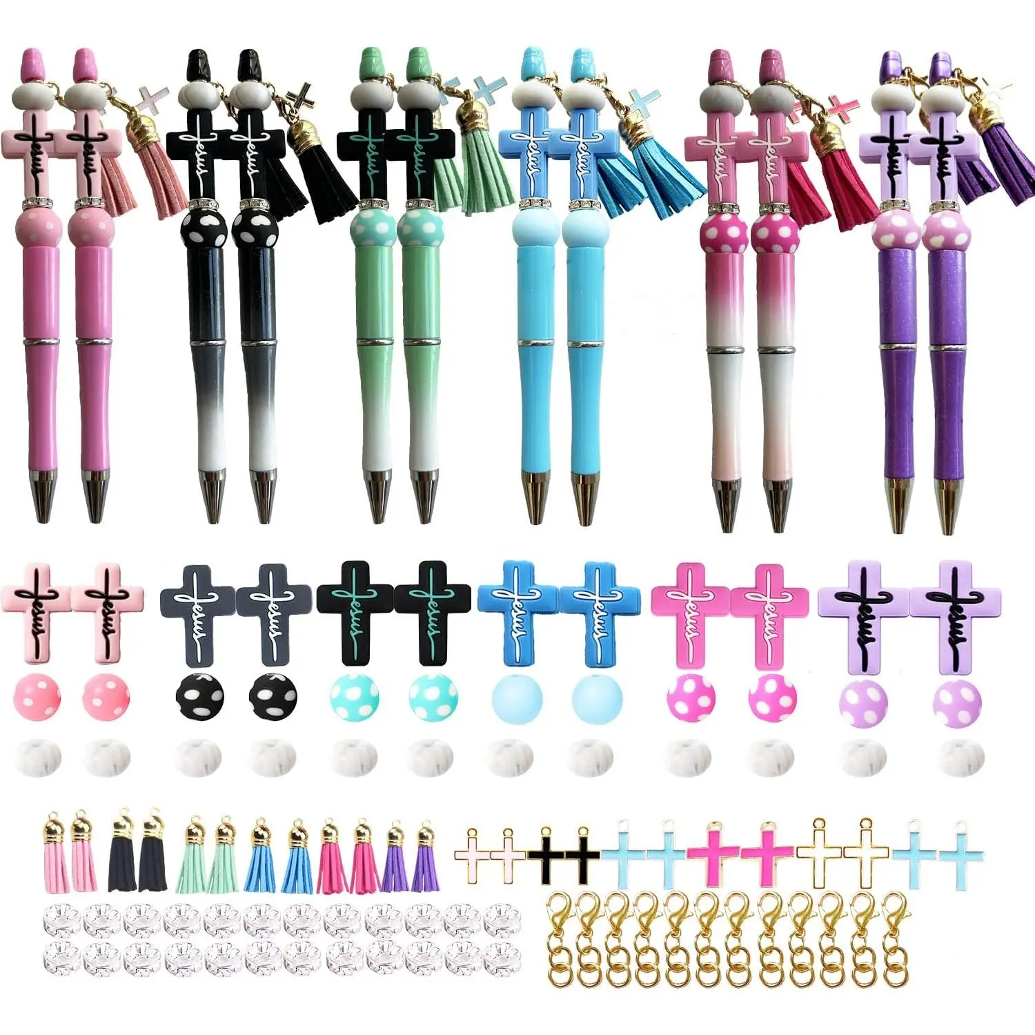 Themed Beadable Pens Bulk Bead Pens with  Colors Beads Pen DIY Making Kit Multicolor Ballpoint Pen Black Ink for Women Office School