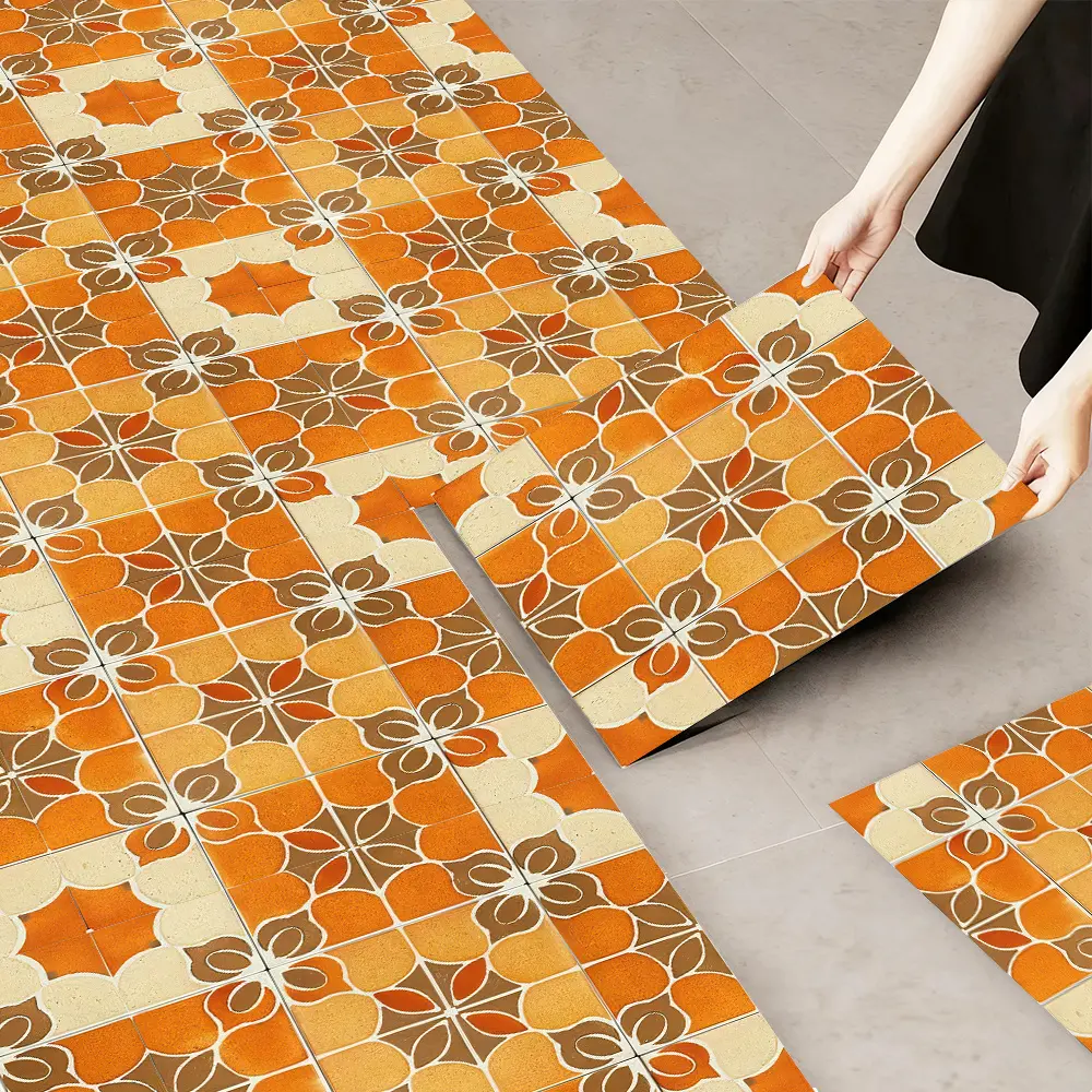 10pcs Set, 2D Flat Modern Fashion Minimalist Decorative Faux Leather Floor Stickers - Floral Geometric Pattern Interlocking Floor Tiles with 2D Effect, Self-Adhesive Home Decor Tiles, Suitable for Kitchen Backsplash/Wall Renovation and Floor Decoration.