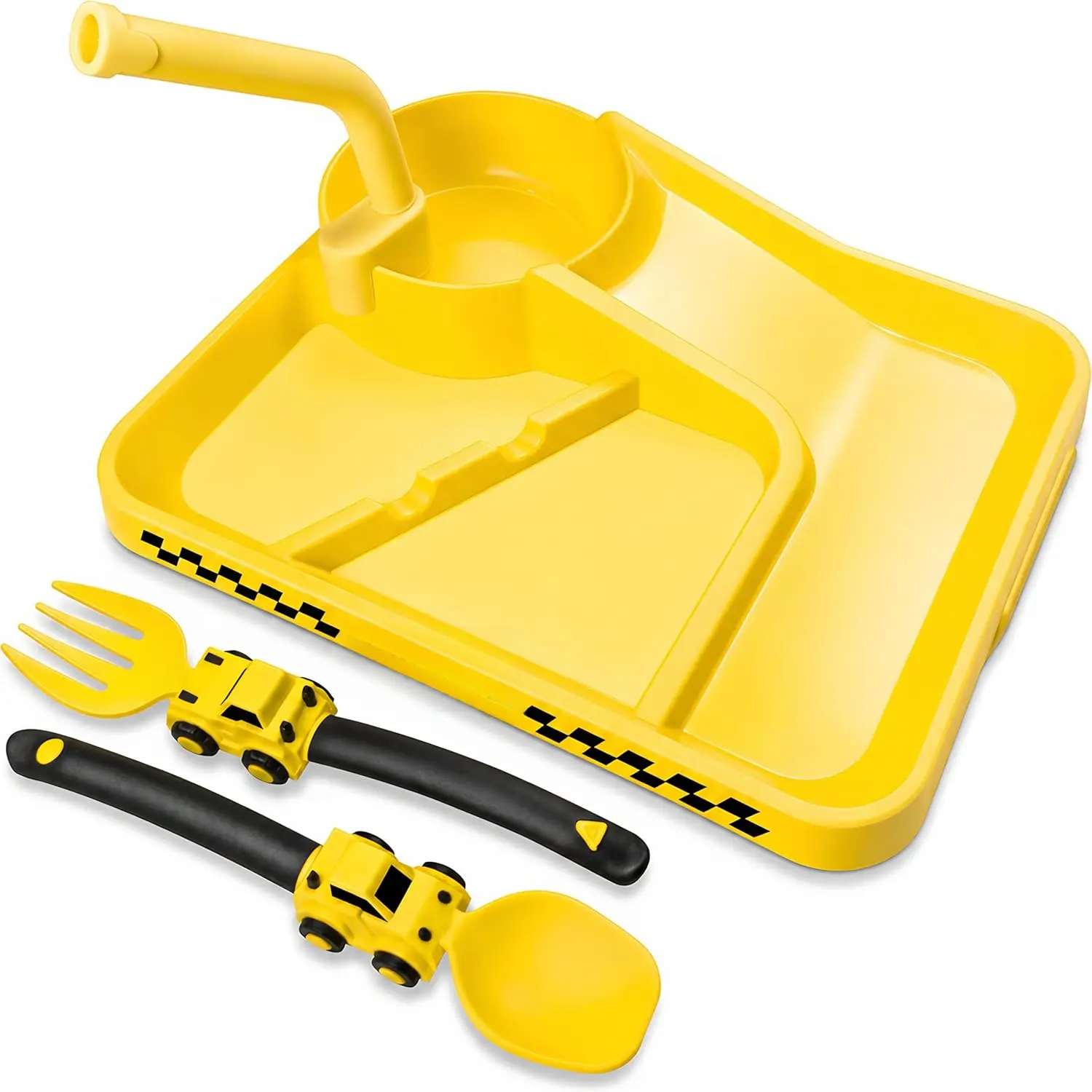 Toddler Plate & Utensils Set - Divided Non-Tip Plate, Divided Tray, Prop 65 Safe - Ages 1-7 Kids Dinnerware - Perfect Birthday Gift for Boys & Girls (Yellow New Model), Kids Plate Set