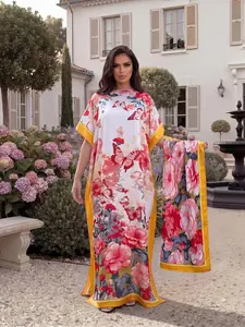 2-Piece Set Casual Moo Moo Long Dress, Colorful All-Over Print Robe, Shawl + Scarf, Women's Beach Sun Protection, Summer Fashion