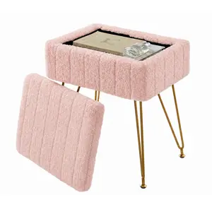 Vanity Stool with Storage, Faux Fur Ottoman with Metal Legs and Anti-Slip Feet, 15.7 x 11.8 x 18.7 Inches Soft Furry Padded Seat Foot Rest for Makeup Bedroom Living Room