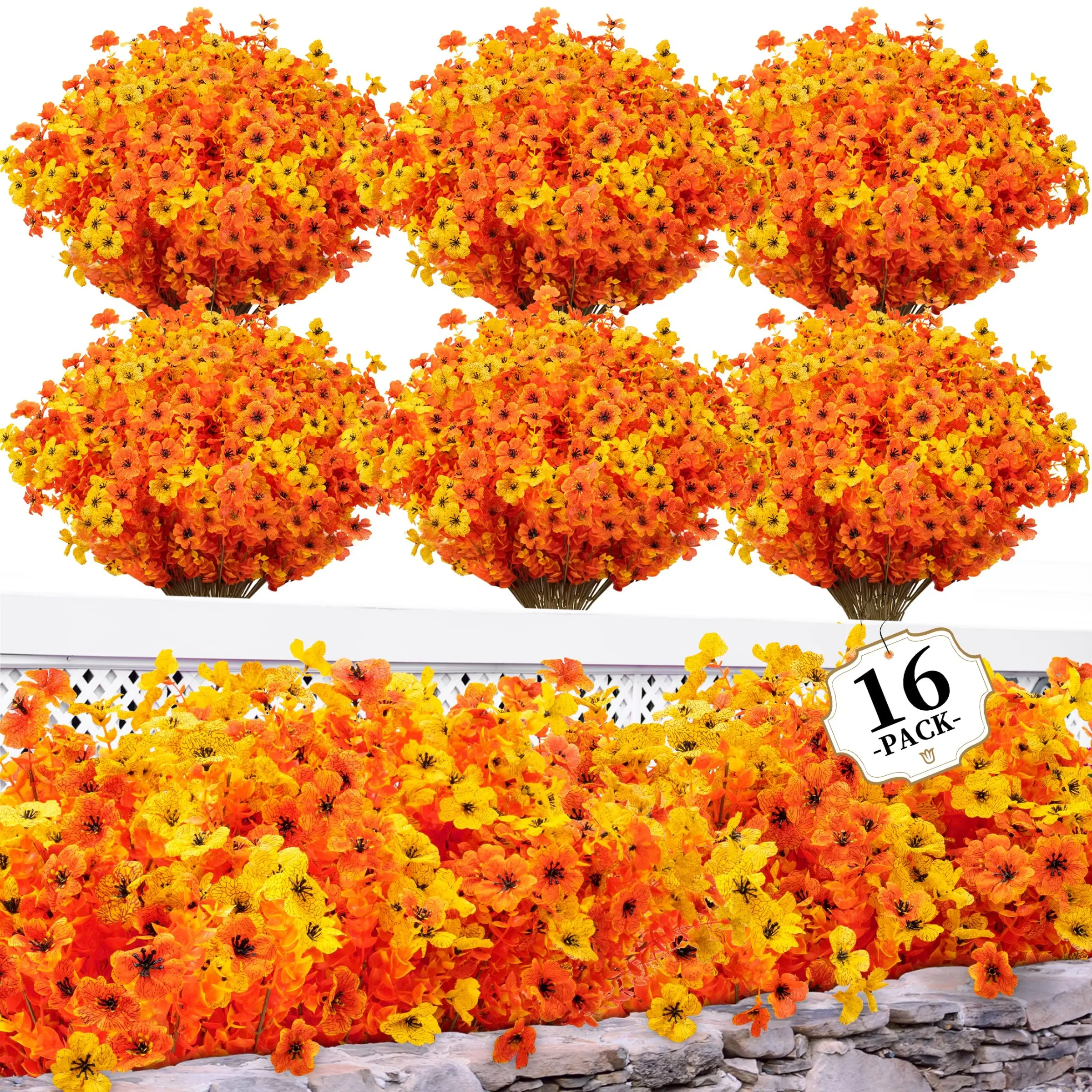 16 Bundles Artificial Mums Bouquet for Outdoors, Fake Flowers Fall Decor, UV Resistant Faux Mums for Home Porch, Wedding Farmhouse Decor