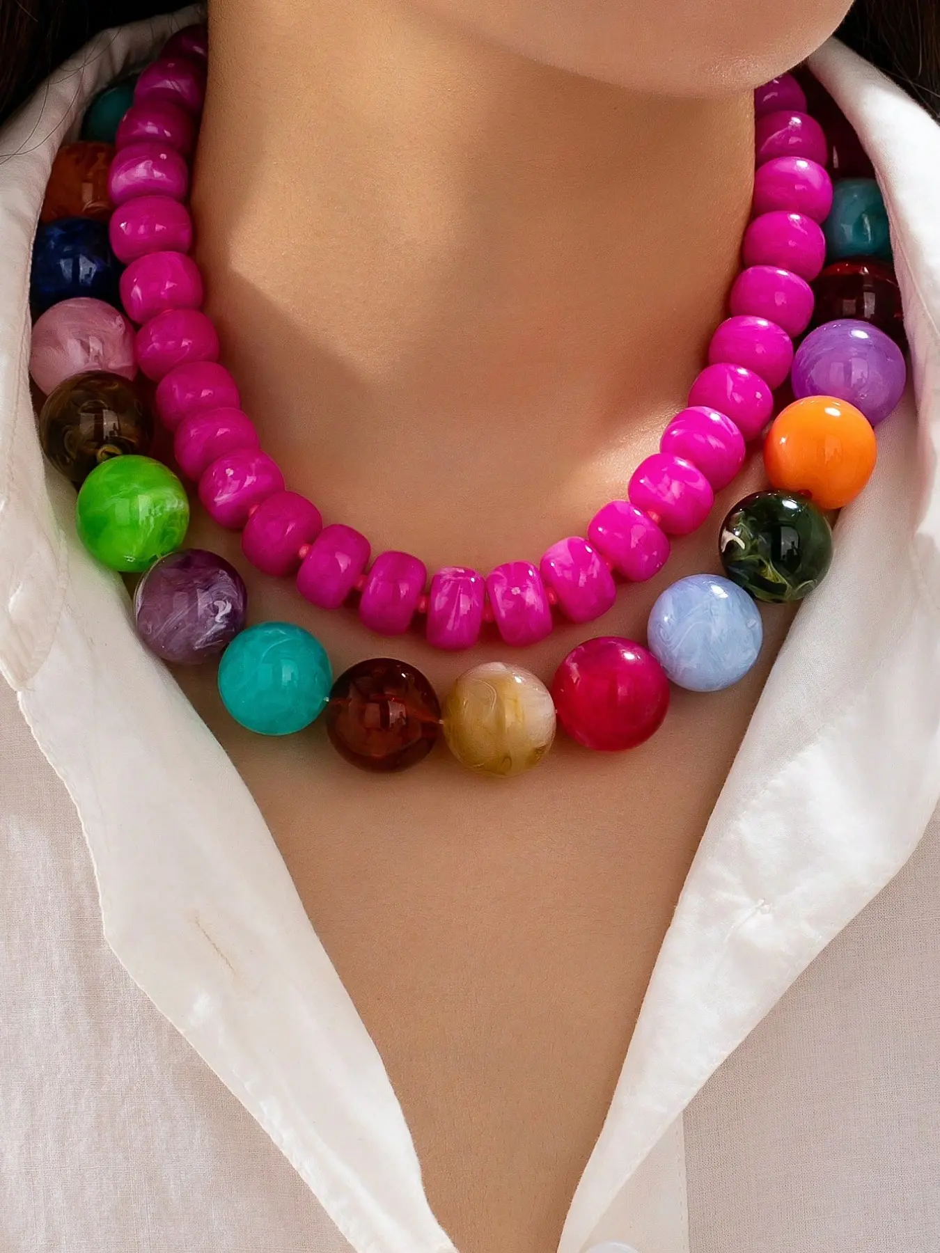 2Pcs Colorful Chunky Beaded Statement Necklace for Women - Hot Pink & Multicolor Marbled Acrylic Double Strand Choker, Bold Summer Dopamine Y2K Style Fashionable Jewelry Accessories, Fashion Matching Necklace