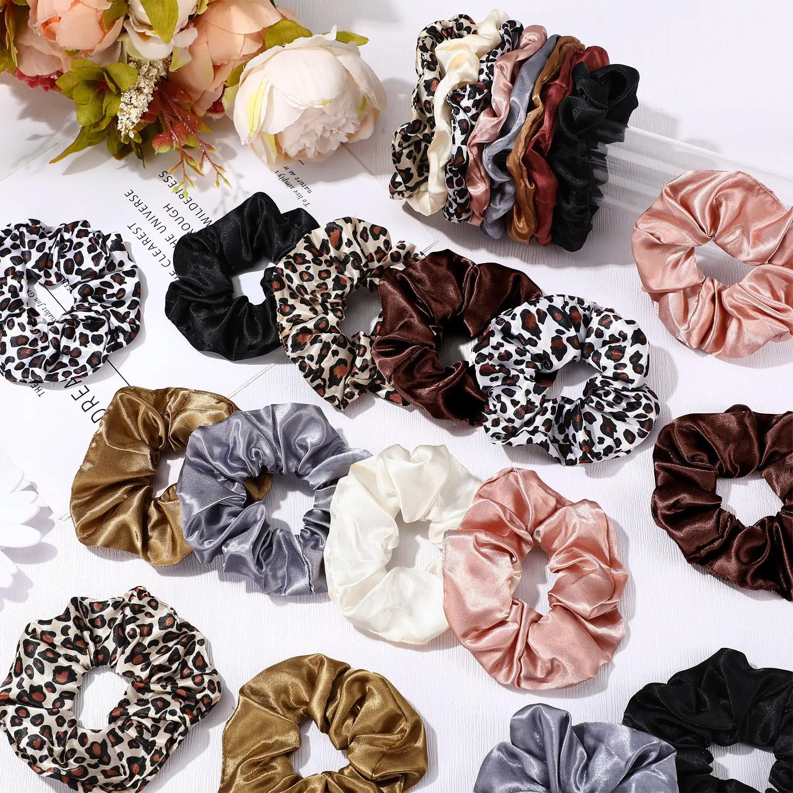 Women's Minimalist Large Leopard Print Satin Scrunchies - Female Athletic Luxury Hair Ties, Everyday European Hair Accessories for Sports & Outdoor Use, Scrunchie Shape, Daily, Simple