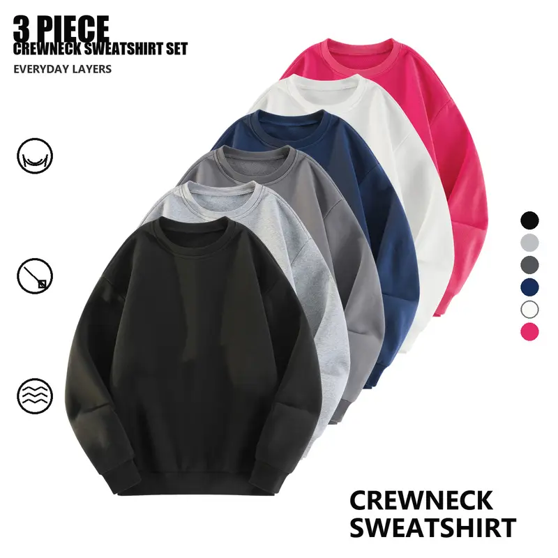 3-Piece assorted mixed-color multipack Men's Crewneck Sweatshirts, Relaxed Fit Long Sleeve Solid-Color Multipack, Sizes S-XXL, Everyday Casual Layering, New Image Template 2 Group 04