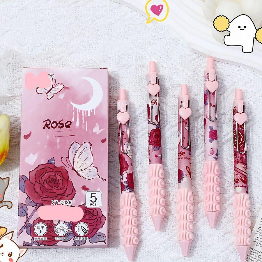 1 box of 5 pink heart click gel pen romantic red rose high value study office signature pen Valentine's Day gift College Student Pen