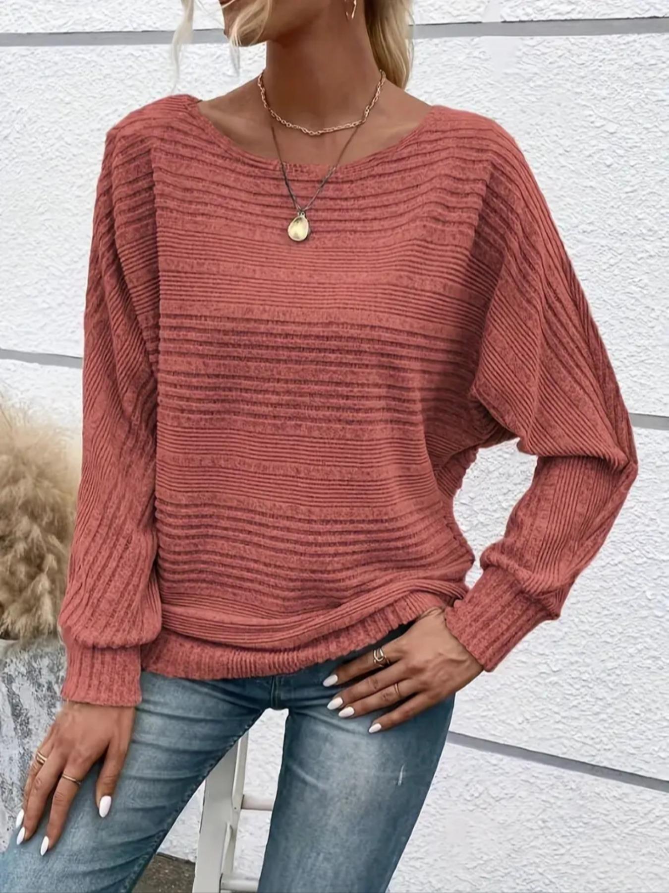 Women's Plain Batwing-Sleeve Tee, Casual Long-Sleeve Crew Neck T-Shirt for Fall & Winter, Fashion Ladies' Clothing for Daily Wear