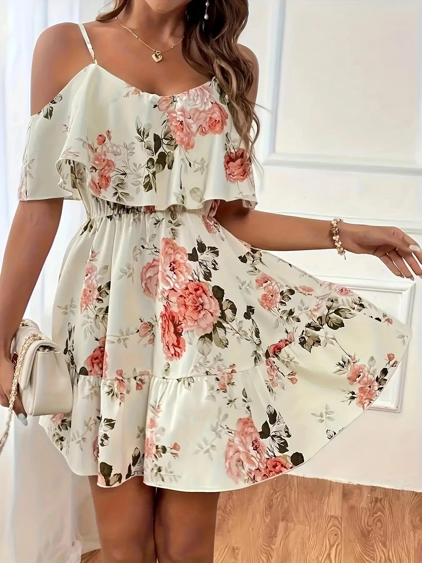 Women's Summer Casual Fashion Backless Strapless Ditsy Floral Dress, Boho Vacation Style Slimming Fit, Short Sleeve Fitted Dress