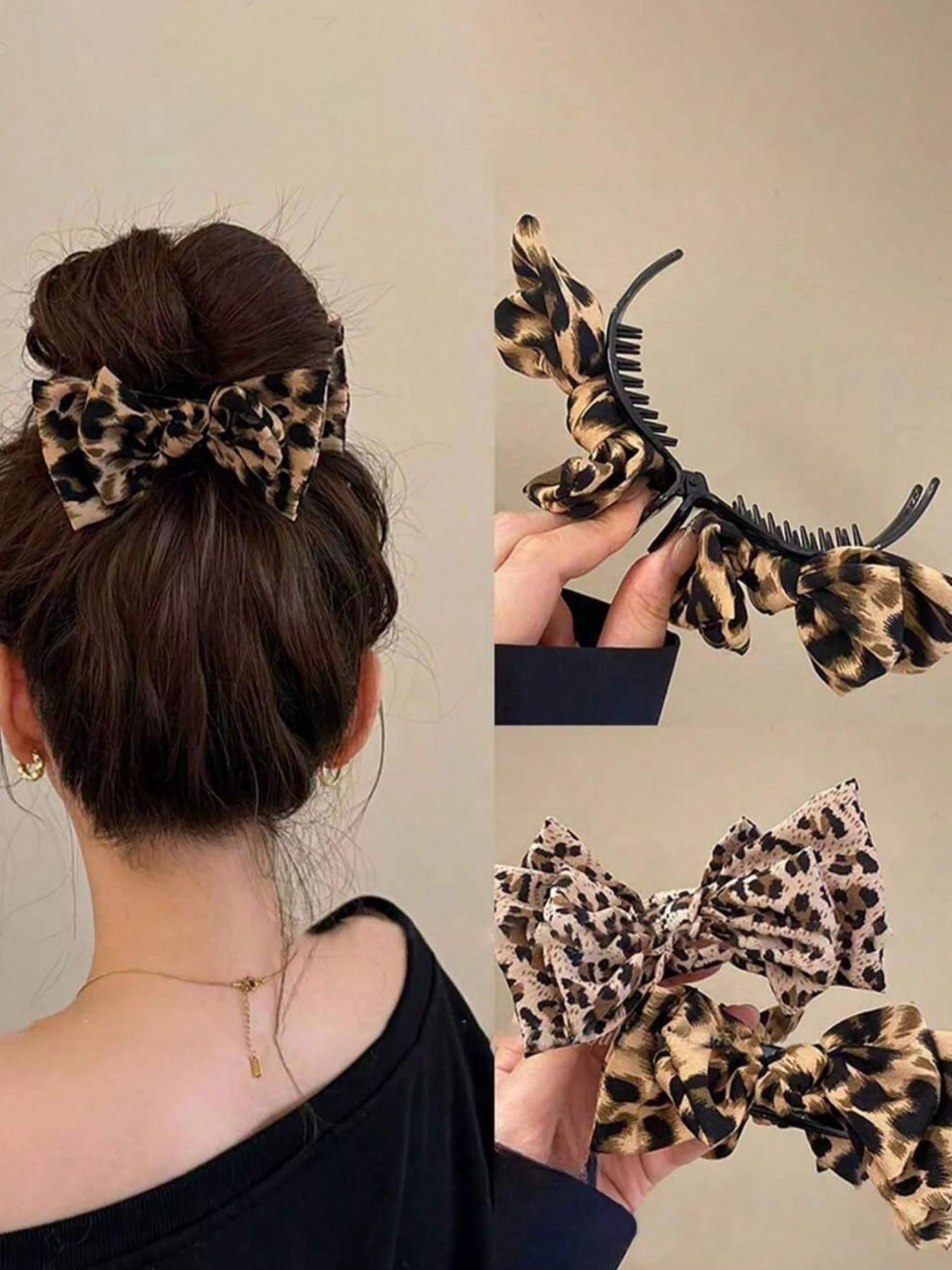 1PC Chic Leopard Print Bow Hair Claw Clip, Elegant Double-Layer Big Bow Hair Clip, Vintage-Inspired Fabric Hair Accessory for High Ponytail and Daily Wear