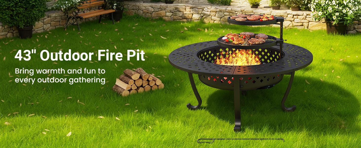 Royalcraft 43'' Fire Pit with 2 Grills, Outdoor Wood Burning Fireplace with Lid and Fire Poker, BBQ & Bonfire & Round Metal Table 3 in 1 for Patio, Backyard, Garden, Black