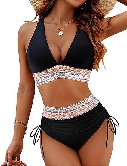 European and American style two-piece swimsuit for women, sexy solid color V-neck tight-fitting backless high-waisted bikini,   women's swimsuit
