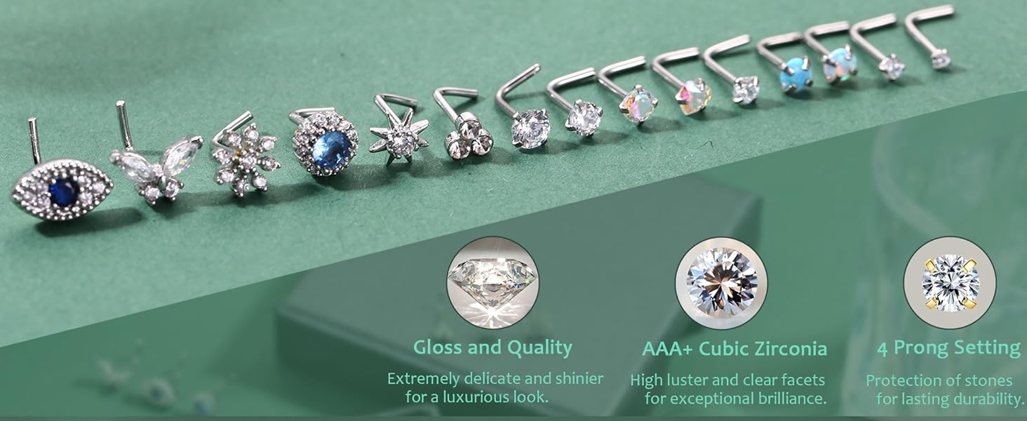15Pcs 14K Gold Filled Nose Rings Studs 20G Surgical Stainless Steel L Shaped Nose Studs Genuine Opal CZ Nose Piercing Jewelry for Women Men