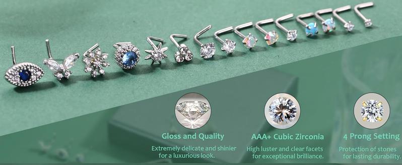 15Pcs 14K Gold Filled Nose Rings Studs 20G Surgical Stainless Steel L Shaped Nose Studs Genuine Opal CZ Nose Piercing Jewelry for Women Men