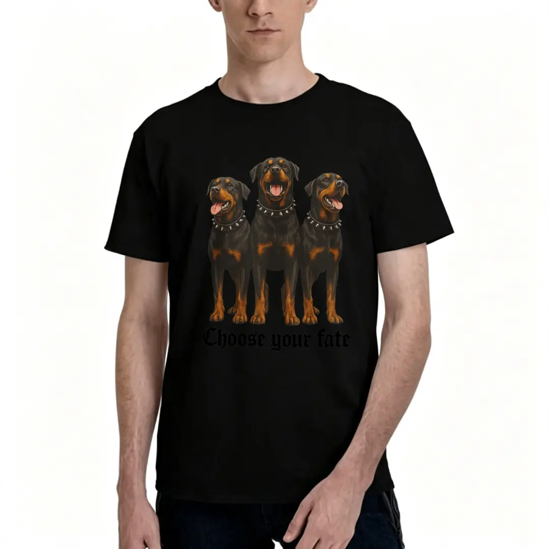 Funny Dog Graphic Tee, T-Shirt, Three Rottweilers Choose Your Fate Design, 100% Cotton Round Neck Short Sleeve, Daily Casual Wear, Black, S-5XL
