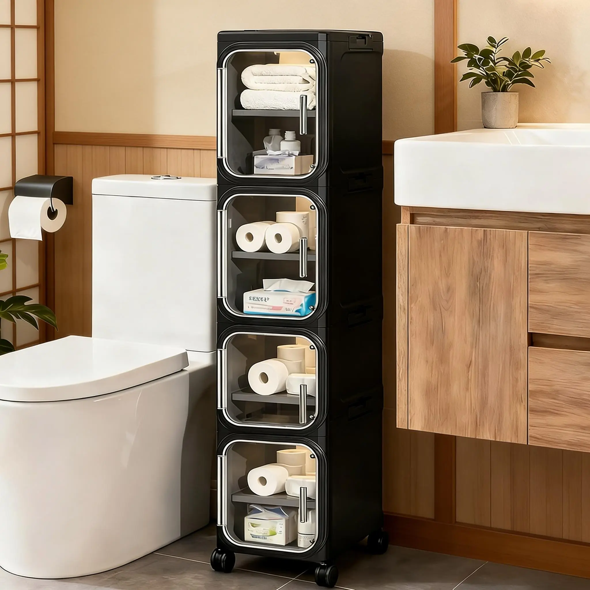 4-Tier Rolling Slim Storage Cabinet on Wheels, Adjustable Shelf Narrow Organizer for Bathroom Kitchen Laundry