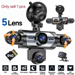 Four-Channel 360-Degree Dash Cam, 1080P Quad Lens, Night Vision, 8 IR Lights, 24-Hour Parking Mode, Includes 64GB SD Card