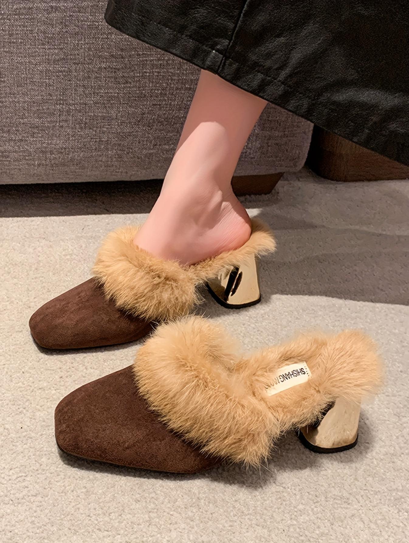 Moccasin Women 2024 New Autumn And Winter Outdoor Half with Dress Versatile High Heels One Slip-On Chunky Heel Elegant Women Shoes