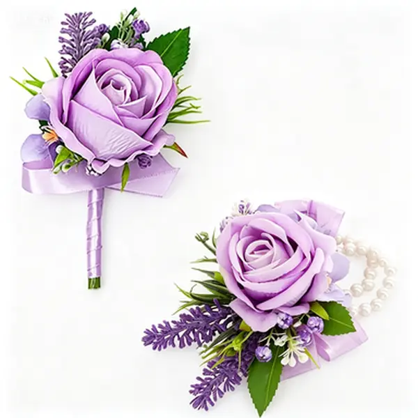 Reusable Decorative Floral Artificial Flower Corsage & Boutonniere Set - 1pc 3.5"w x 5.8"h Wrist Corsage, Baby's Breath, Chic Silk/Satin Details, No Glue Needed for Wedding Ceremony, Homecoming Celebration Men's Suit Decor