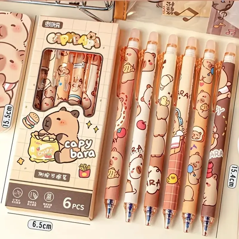 6-Pack Capybara Push-Button Neutral Pens, Quick-Dry Exam Pens, Ultra-Soft Grip Ballpoint Pens, Carbon Ink Signatures