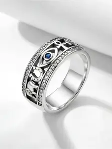 Silver-Plated Lucky Symbol Band Ring with Blue Zircon Evil Eye and Clear Zircon Edges, Featuring Elephant, Horseshoe and Ankh Motifs