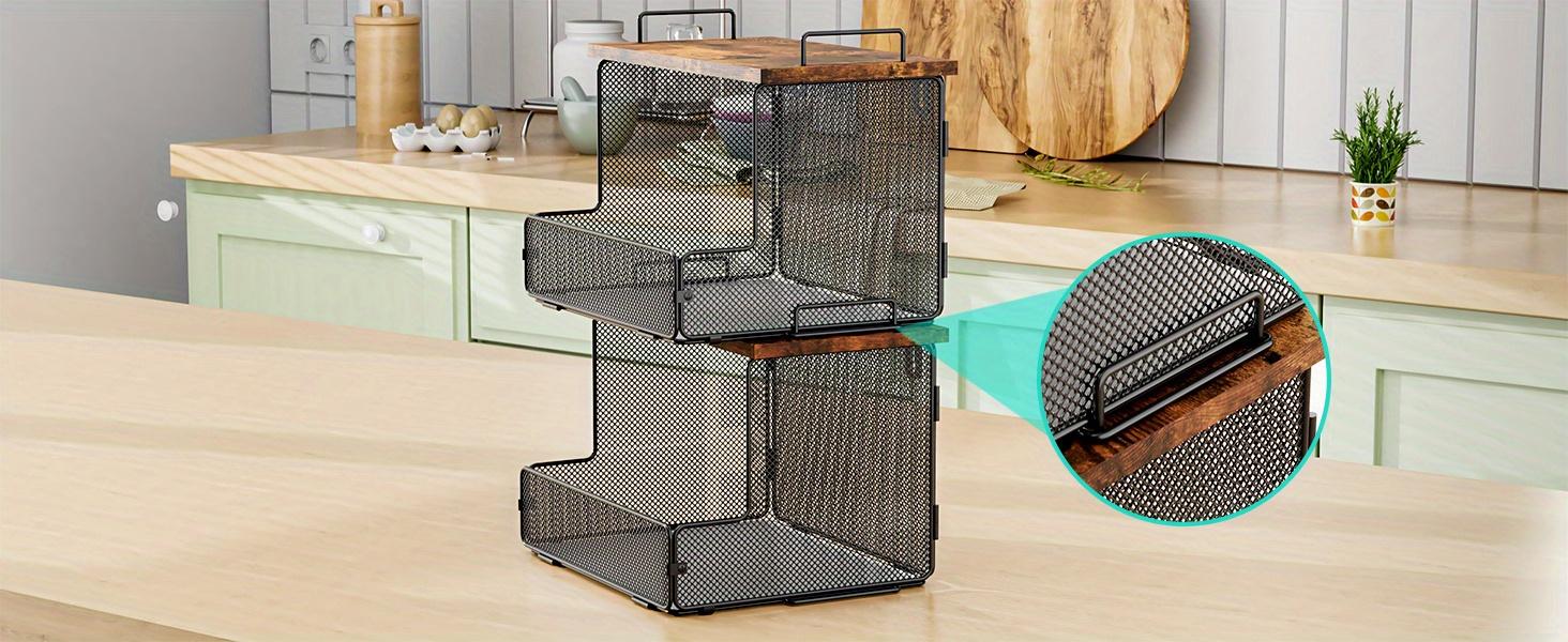 2-Pack Fruit Basket Wire Basket, Stackable Wall-Mounted Countertop Kitchen Counter Organizer for Snacks, Fruits and Vegetables Storage, Onion and Potato Hanging Basket with Wooden Lid