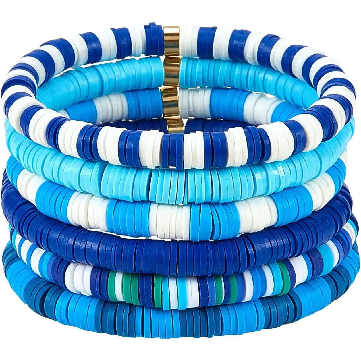 6 count Heishi Surfer Bracelets Set 6mm Polymer Clay Heishi Beads Stretch Bracelets Bohemia Summer Beach  for Women (Blue)