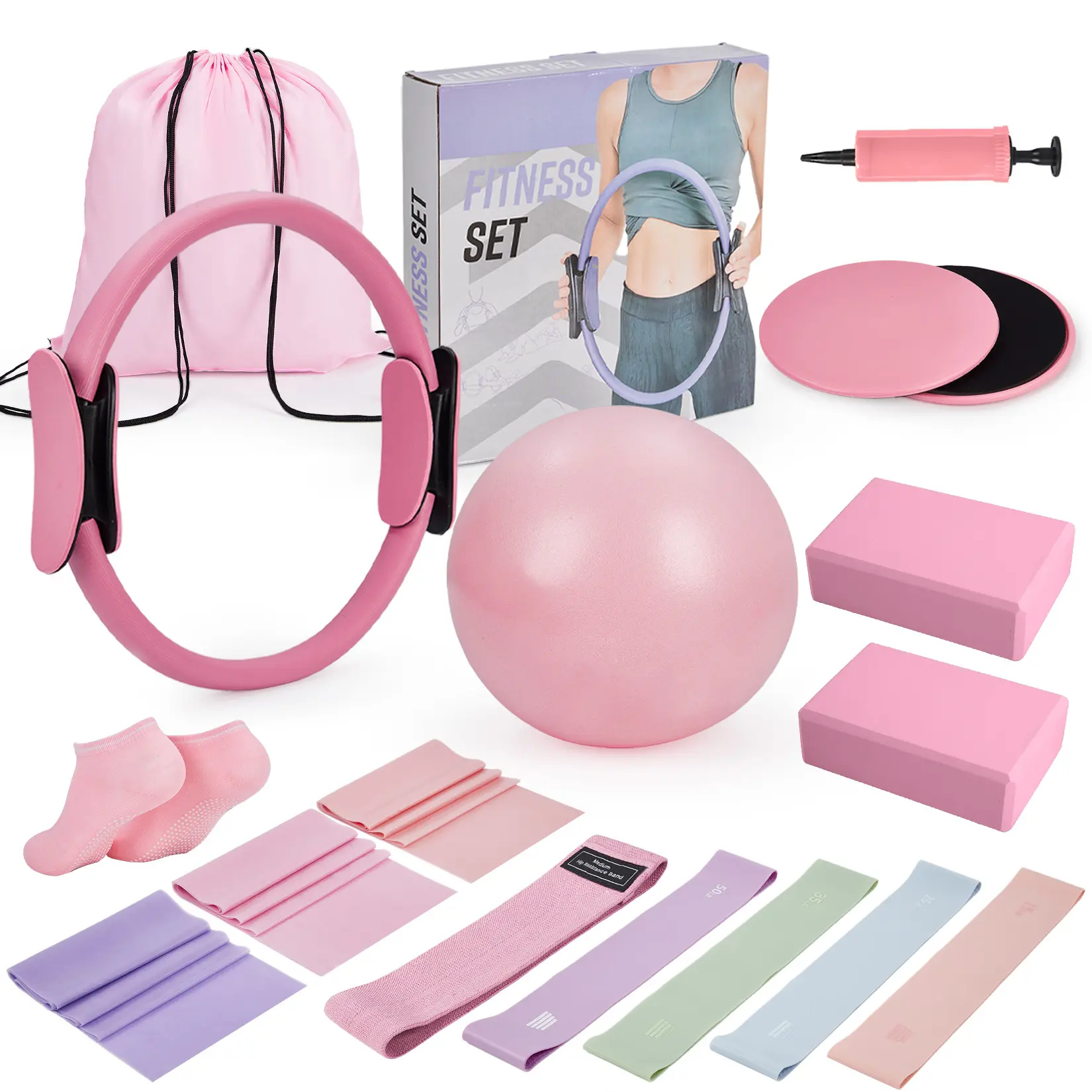 Multifunctional Pilates Circle Kit with Pilates Ball, Resistance Bands and Yoga Blocks, Full-Body Home Workout Equipment, Pink