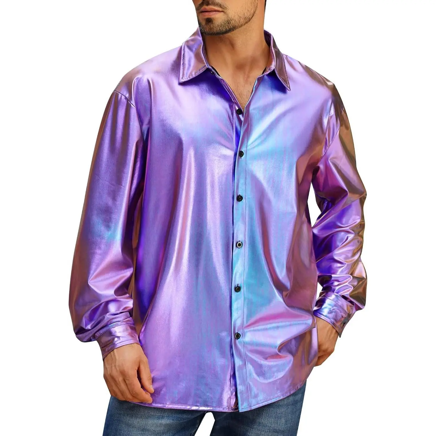 Mens Holographic Metallic Top Long Sleeve Button Down Shirt for Disco Party Nightclub Dance Shiny Shirts
