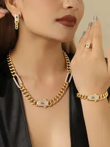 Women's 18k Gold Plated Cuban Chain Jewelry Set, Necklace, Bracelet, Earrings, Ring, Copper Zircon, Luxury High-Quality Design, Perfect Gift