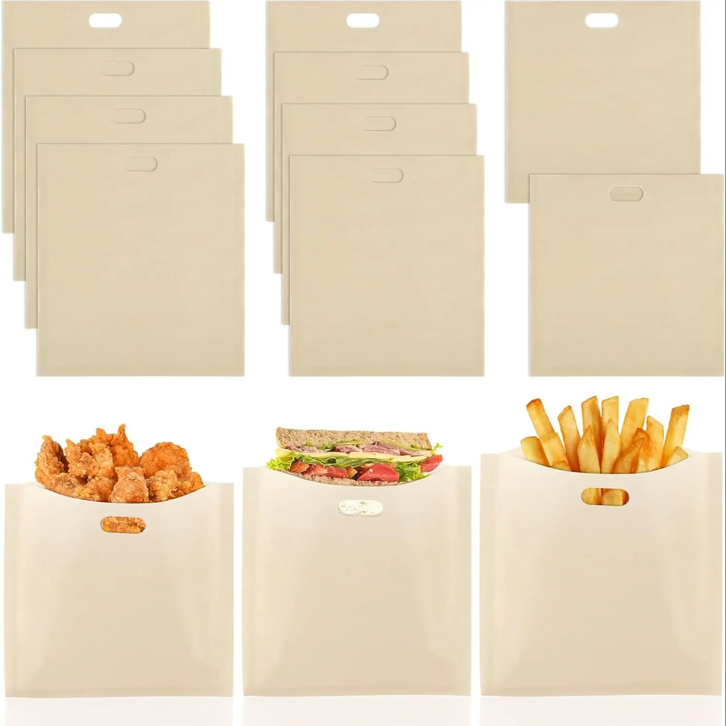 10 Pack Reusable Toaster Bags – Heat-resistant non-stick toaster and microwave sleeves in 3 sizes. Perfect for grilled cheese, sandwiches, paninis, pizza and snacks, reusable easy-to-clean cooking bags for mess-free meal preparation.