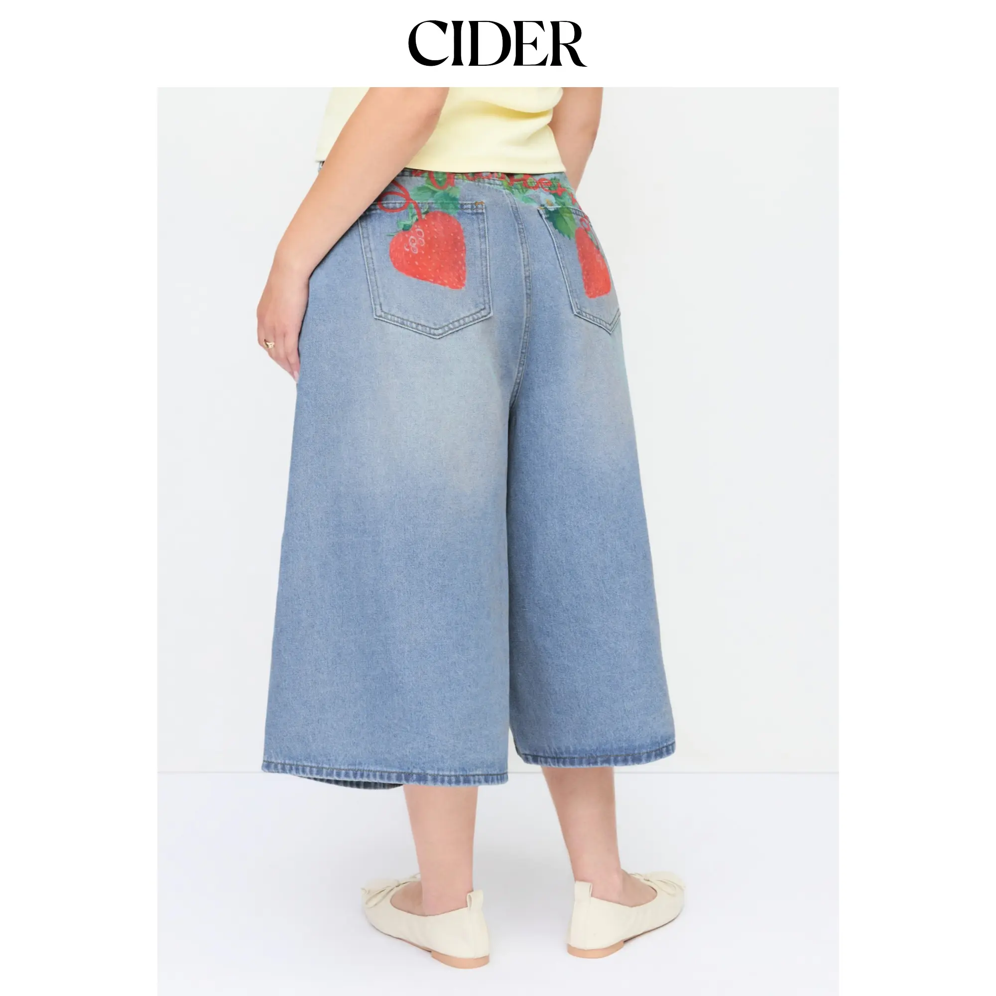 Cider Washed Denim Mid Rise Strawberry Graphic Wide Leg Bermuda Shorts Curve & Plus