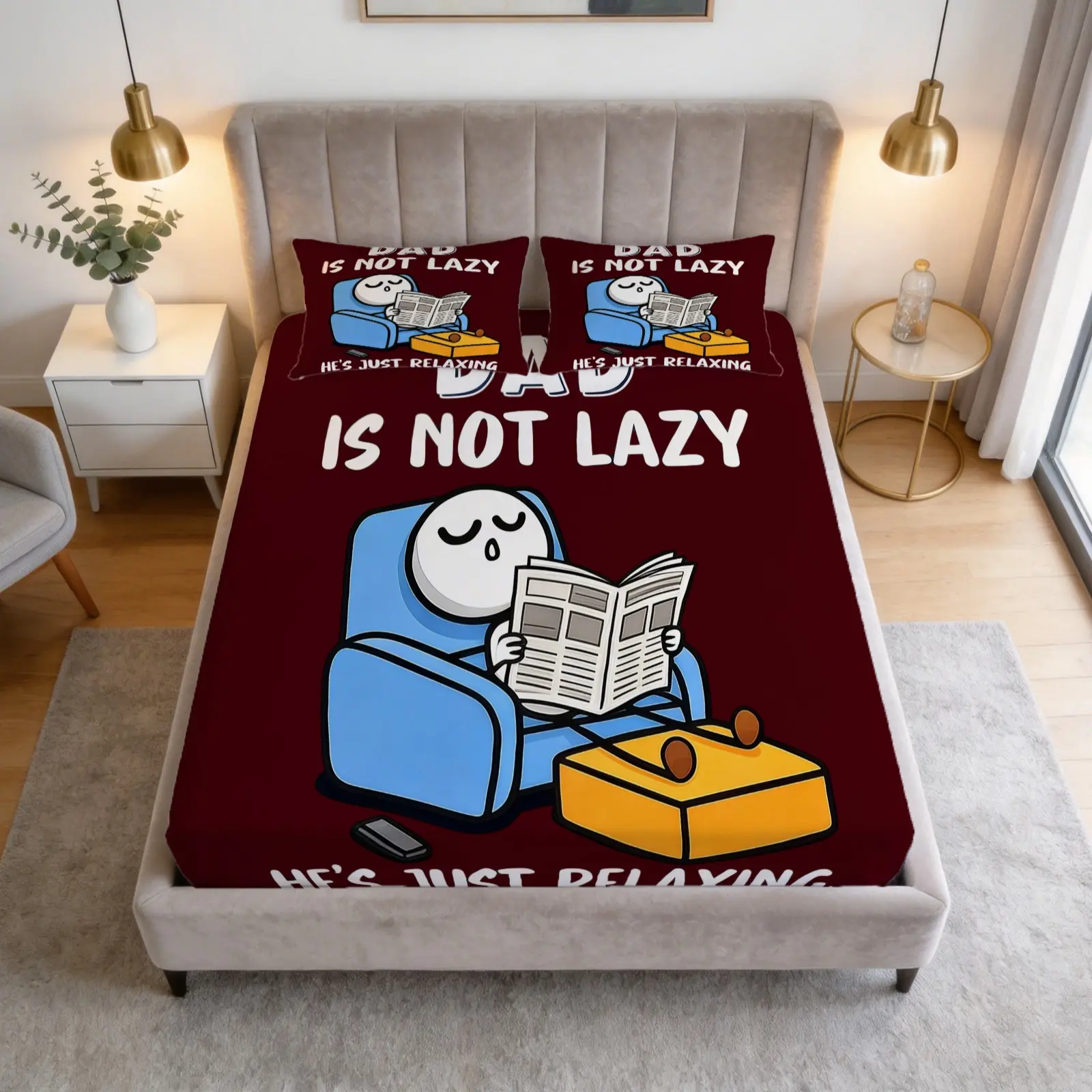 3-Piece Fun Dad Is Not Sleeping, He's Just Relaxing His Eyes Patterned Bed Sheet, Including 1 Bed Sheet And 2 Pillowcases (Excluding Pillow Core), Comfortable Bedding, Non Slip Suitable For Bedrooms, Suitable For Gifts And Decorations For Fathers