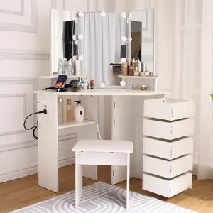 LED Lighted Corner Vanity Desk – Modern Makeup Dressing Table with Adjustable 3-Color Mirror, 5 Rotating Drawers, Built-In Charging Station, Storage Shelves & Matching Stool – Bedroom Furniture Set