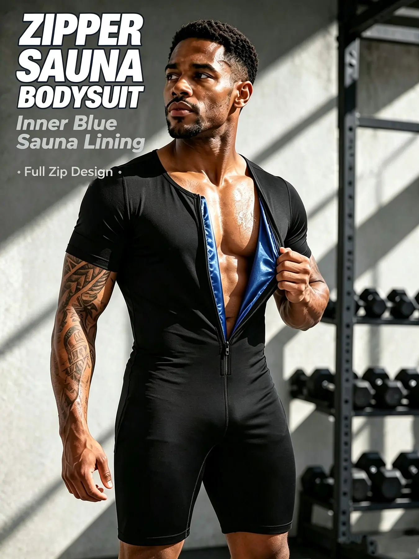 Men Full Zip Sauna Bodysuit, Short Sleeve Sweat Suit, Workout Sauna Jumpsuit, Gym Training Compression Sauna Onesie, Casual Style, Fitness Sauna Suit
