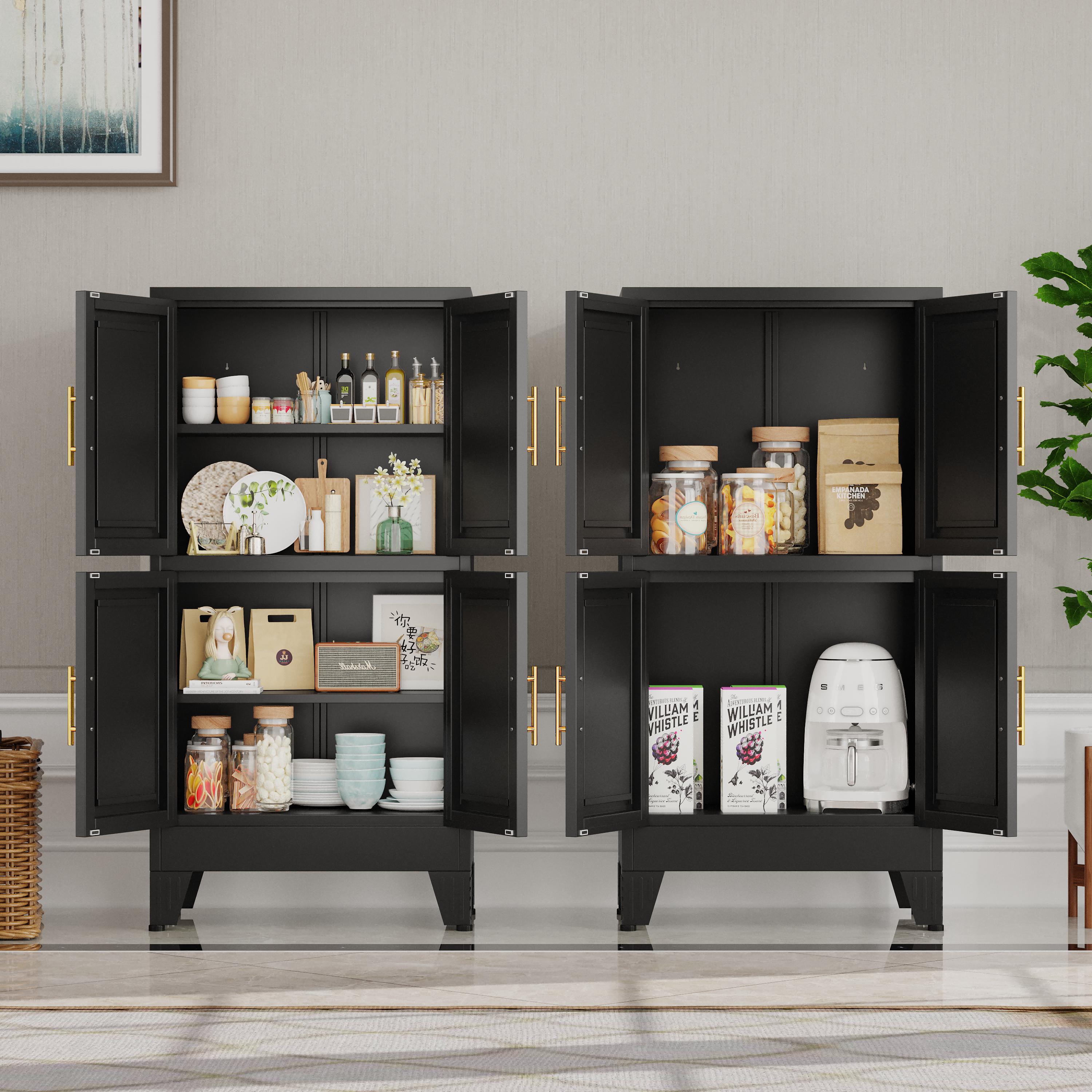 Kitchen Pantry Cabinet 47" Tall Metal Storage with Doors & Adjustable Shelves Black Freestanding Organizer for Kitchen Dining Room Living Room Laundry Room Minimalist Drawer Tower