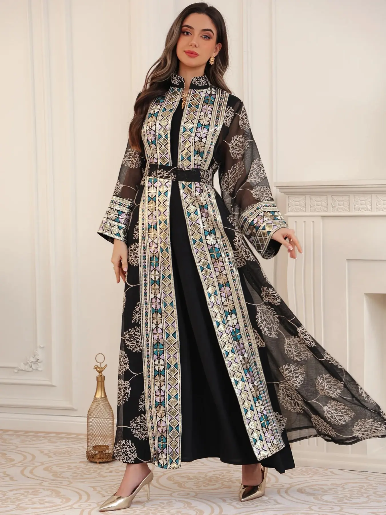 Muslim Women's Two-Piece Set, Heavy Embroidery Abaya Long Dress, Stand Collar Long Sleeve, Dubai Islamic Conservative Fashion